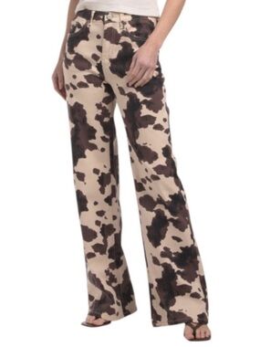 OAT New York Cow Print High Rise Wide Leg Jeans in Brown Sz 28 Western Boho